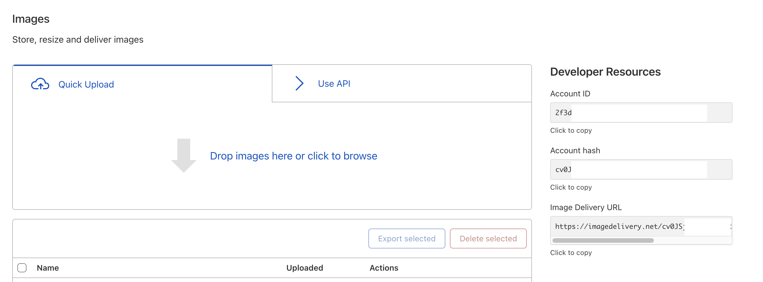 Developer Resources section within the Images product form the Cloudflare Dashboard.