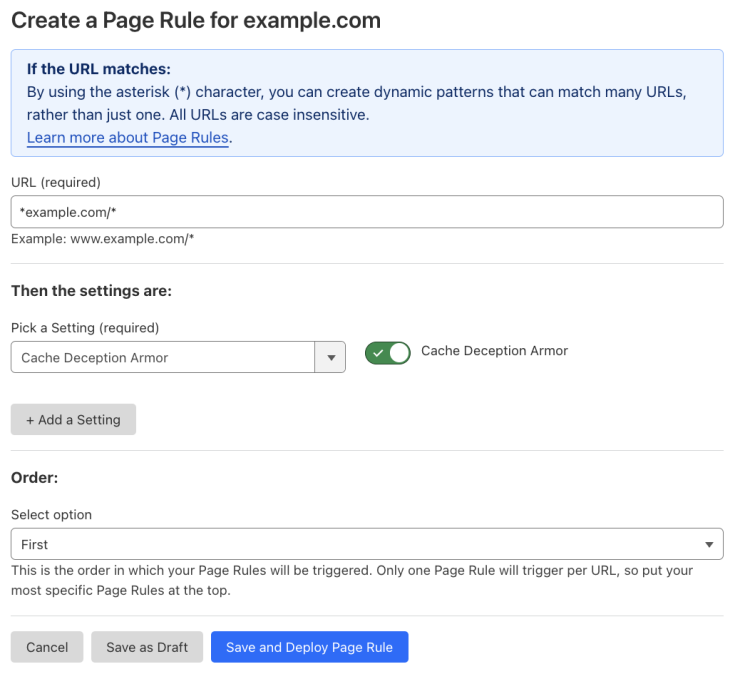 Example Page Rule with &lsquo;Cache Deception Armor&rsquo; setting