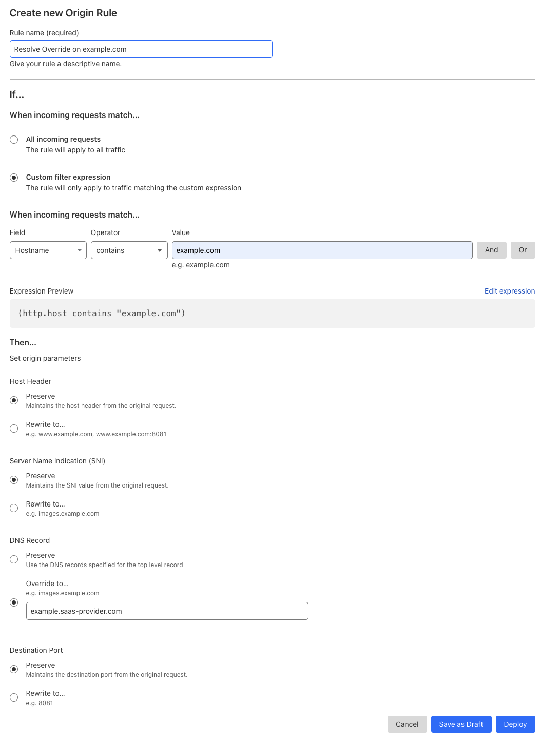 Origin rule matching the &lsquo;Resolve Override&rsquo; setting of the example Page Rule